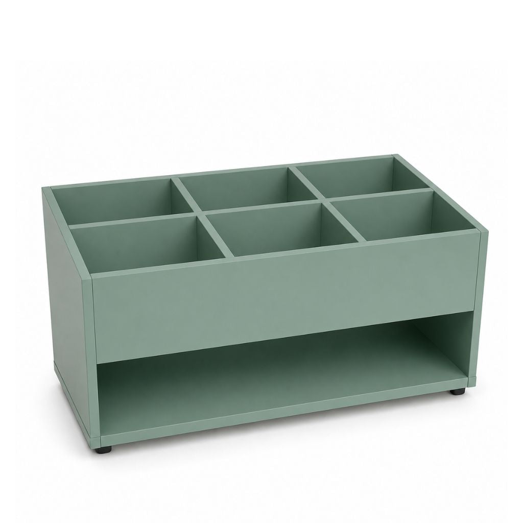Green storage unit with multiple compartments on a white background