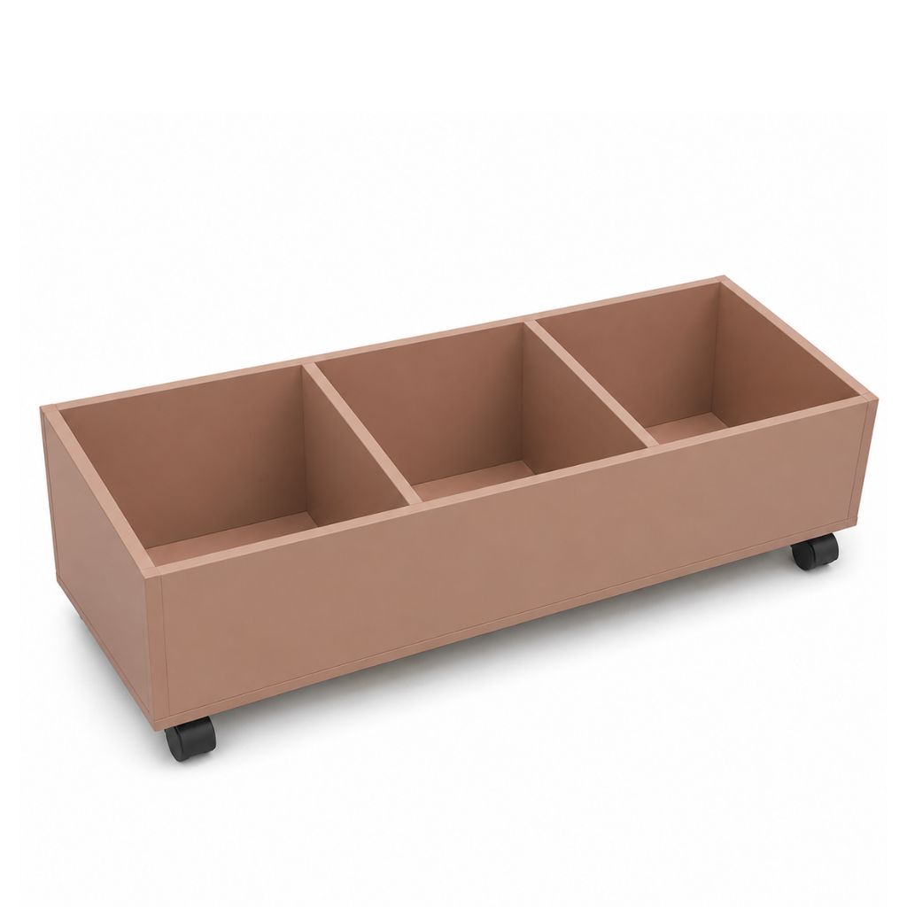 Beige storage bench with four compartments on wheels against a white background