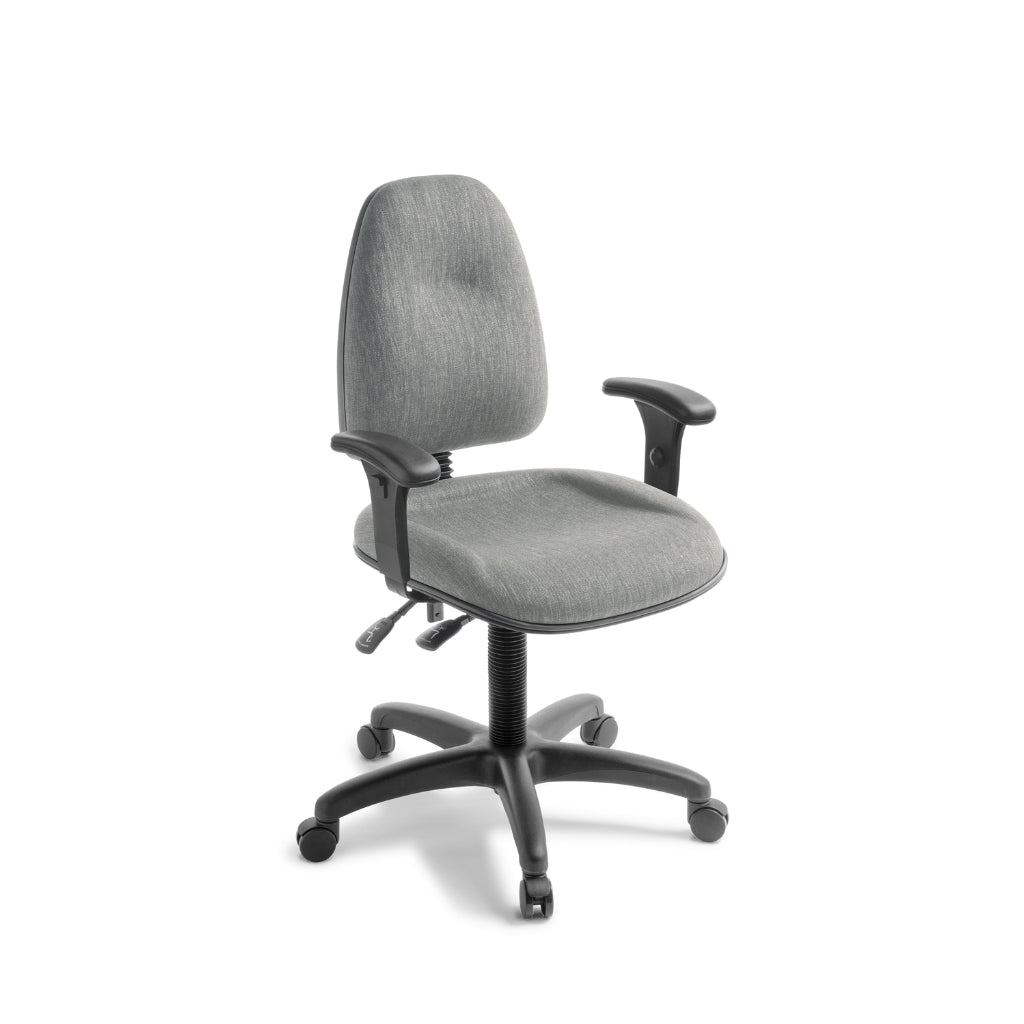 Gray heavy duty office chair with black base and arms