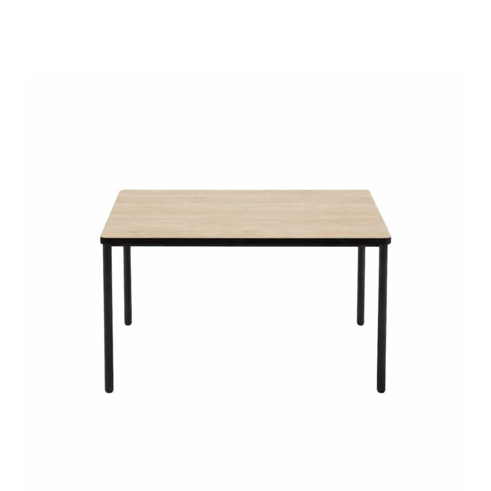 A square table with a light beige wood-grain tabletop and slim black metal legs, shown against a plain white background.