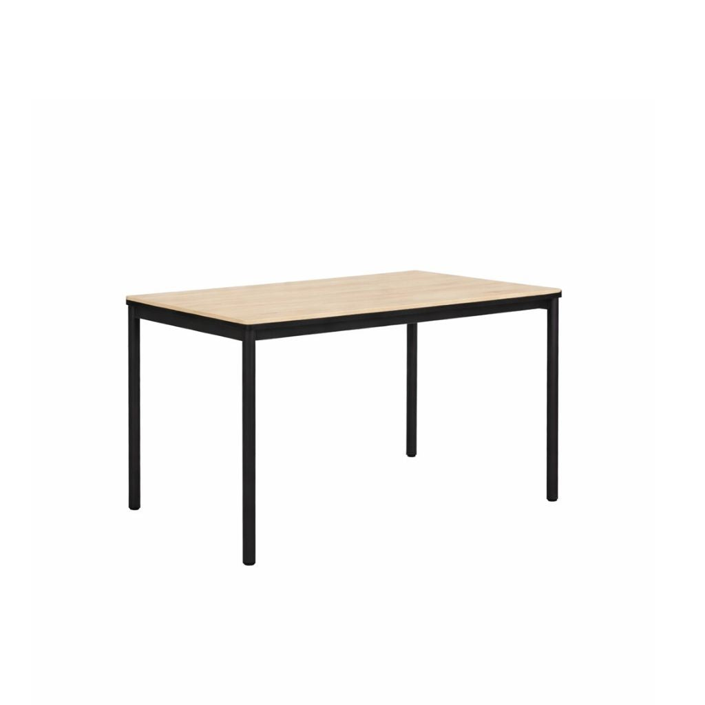 Rectangular table with a light wooden top and black metal legs