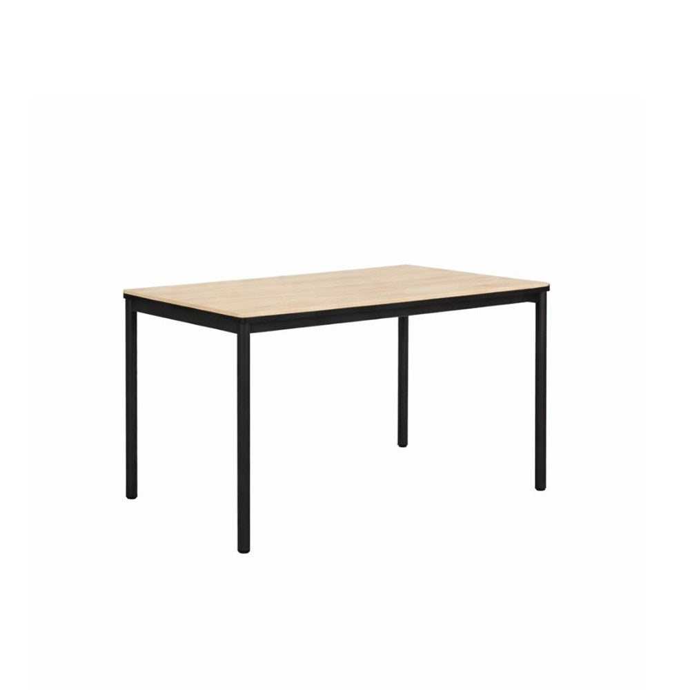 A rectangular table with a light natural wood top and a black metal frame with four legs, shown on a plain white background.