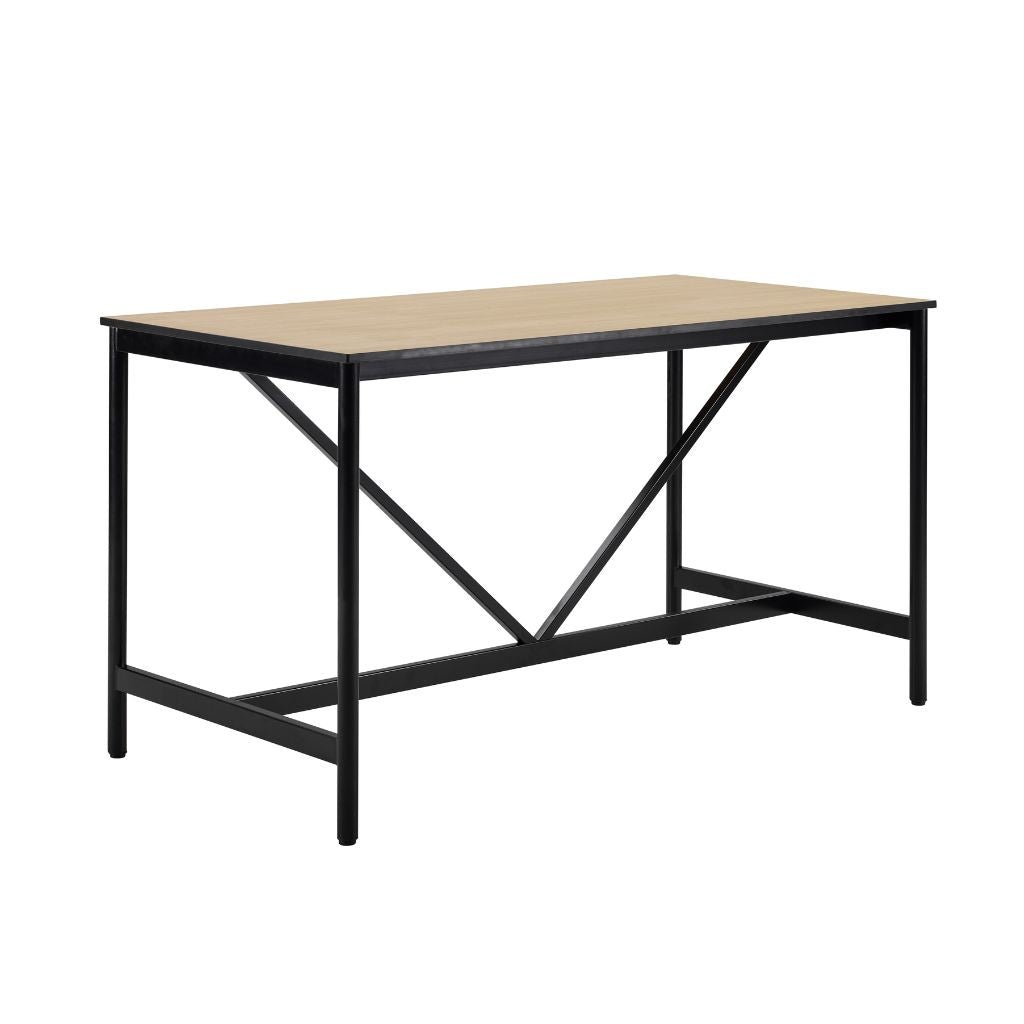 Table leaner with black metal frame and light wooden top