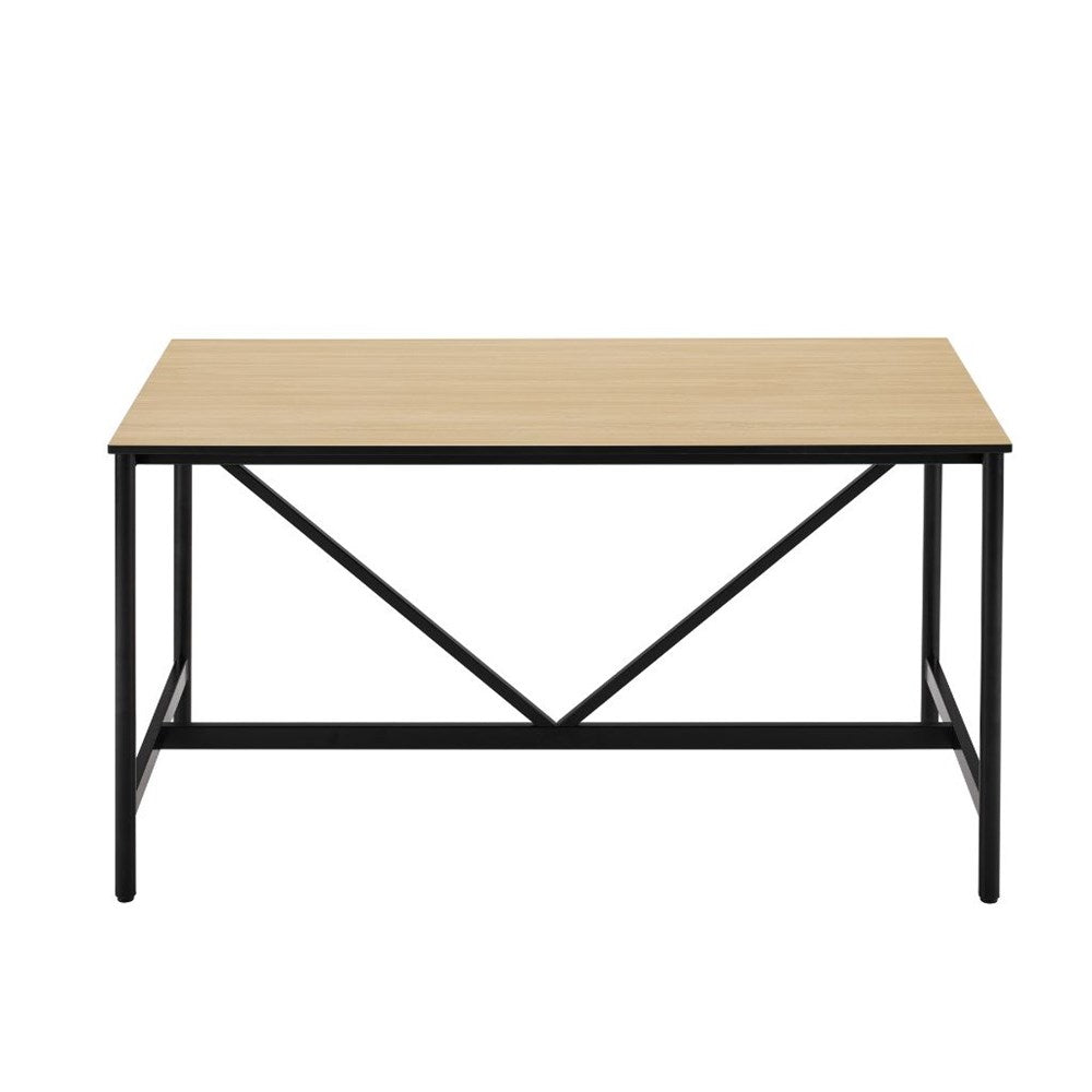 A rectangular desk with a light wood grain tabletop and a black metal frame featuring an X-shaped support structure underneath, shown against a plain white background.