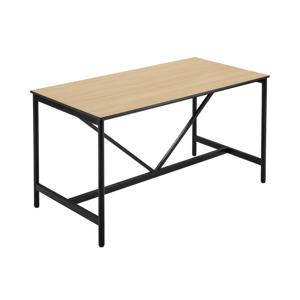 A rectangular desk with a light wood grain tabletop and a black metal frame with an X-brace support design, shown on a plain white background.