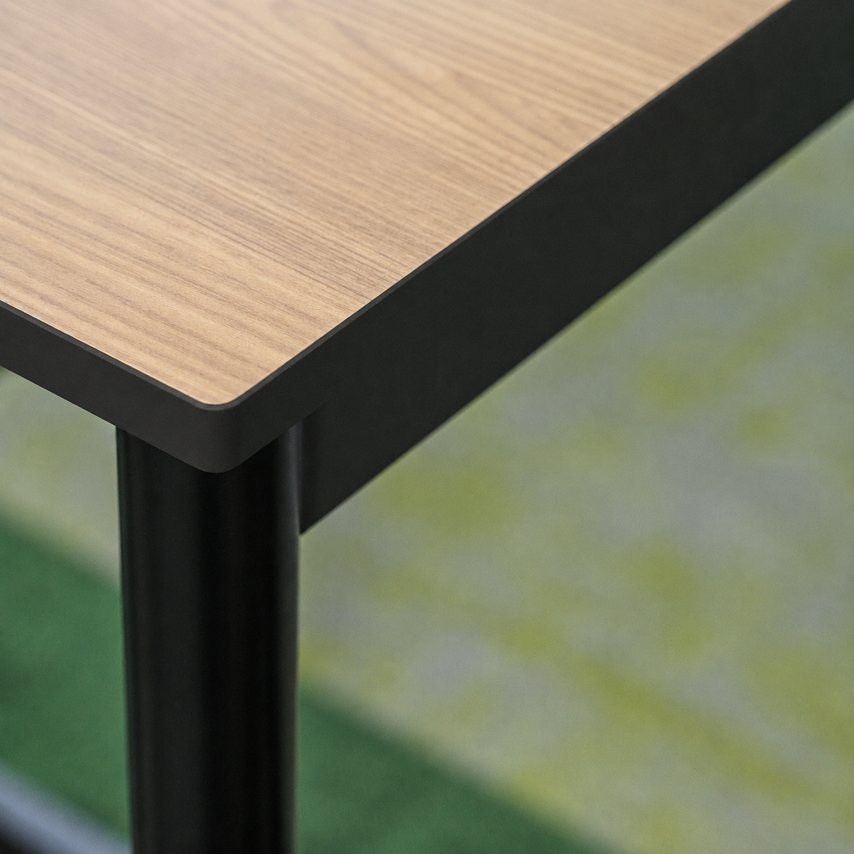Student Single Desk Close Up, Corner, Black Frame, Oak Top