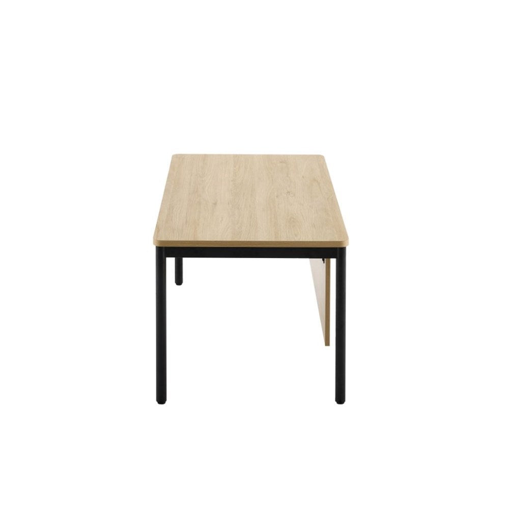 A rectangular table with a light natural wood grain top and black metal leg