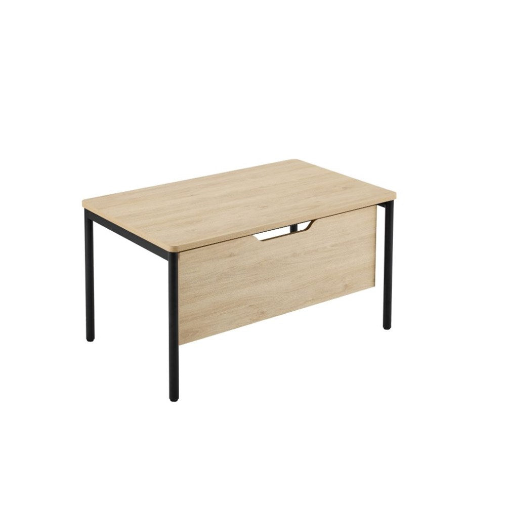 A modern teacher desk with a light oak wood grain top and front modesty panel supported by a black metal frame