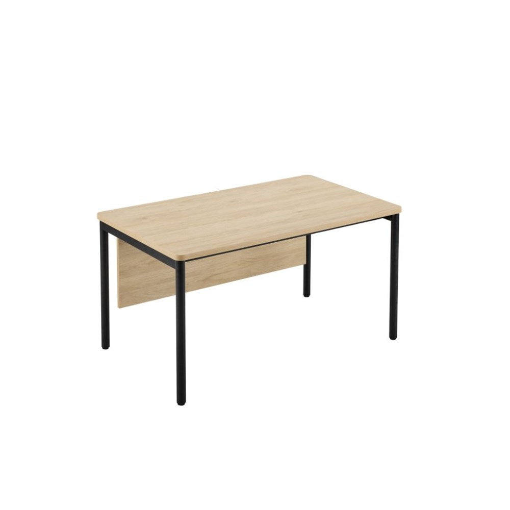 A rectangular teacher desk with a light natural wood grain tabletop and black metal legs.