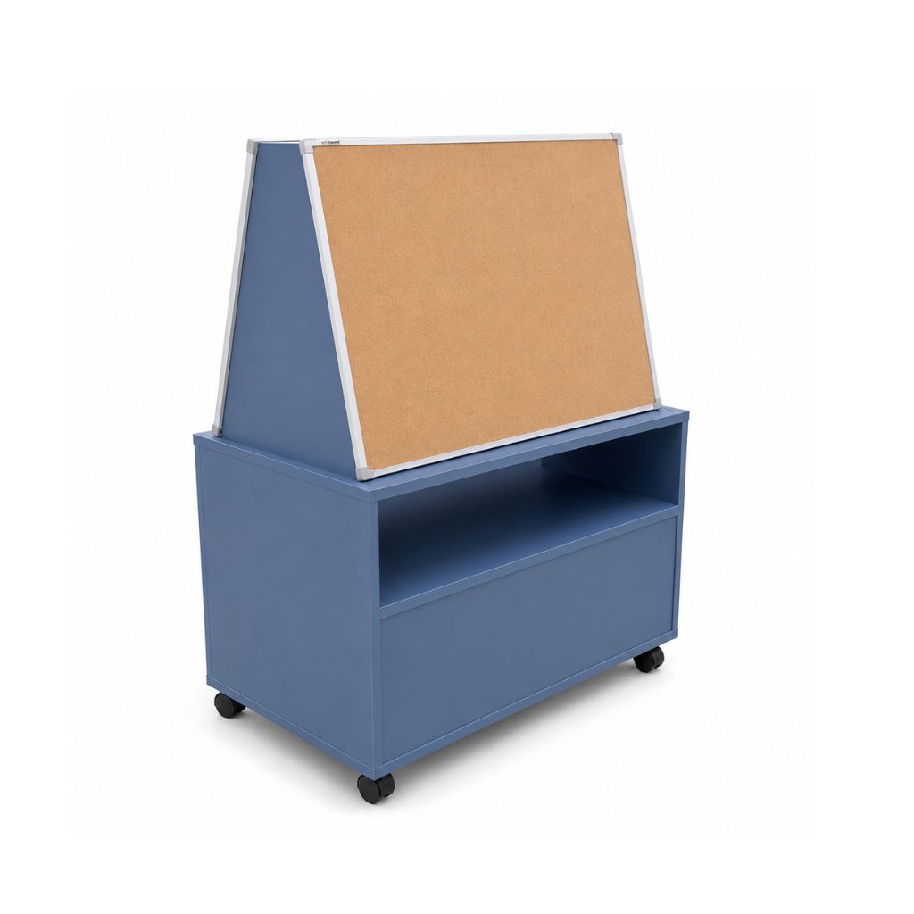 Blue storage unit with a cork pinboard