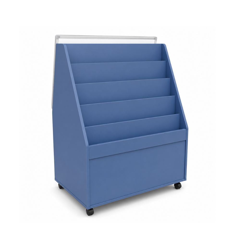 Blue bookshelf unit with whiteboard on a white background