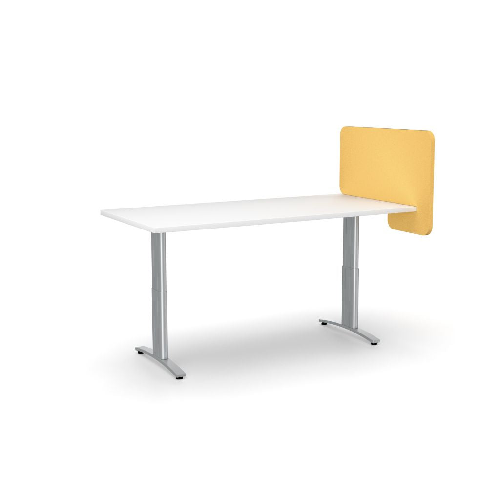 White office desk with a yellow privacy panel 