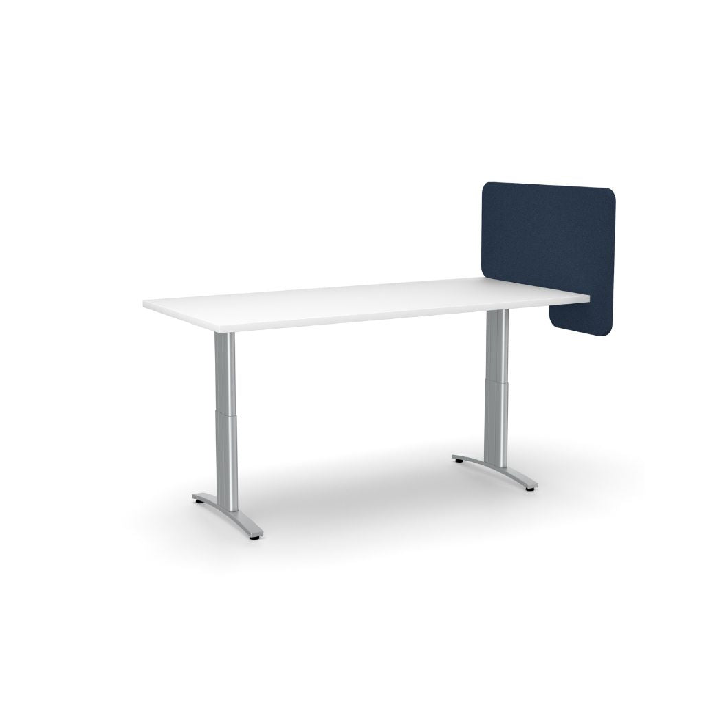 White office desk with a blue screen partition