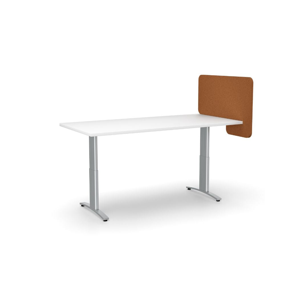 White office desk with a brown privacy panel on a white background