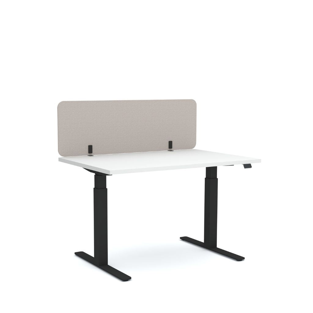White desk with black legs and a pinkish grey screen