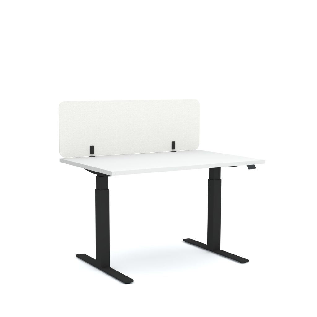 White desk with black legs and a white partition