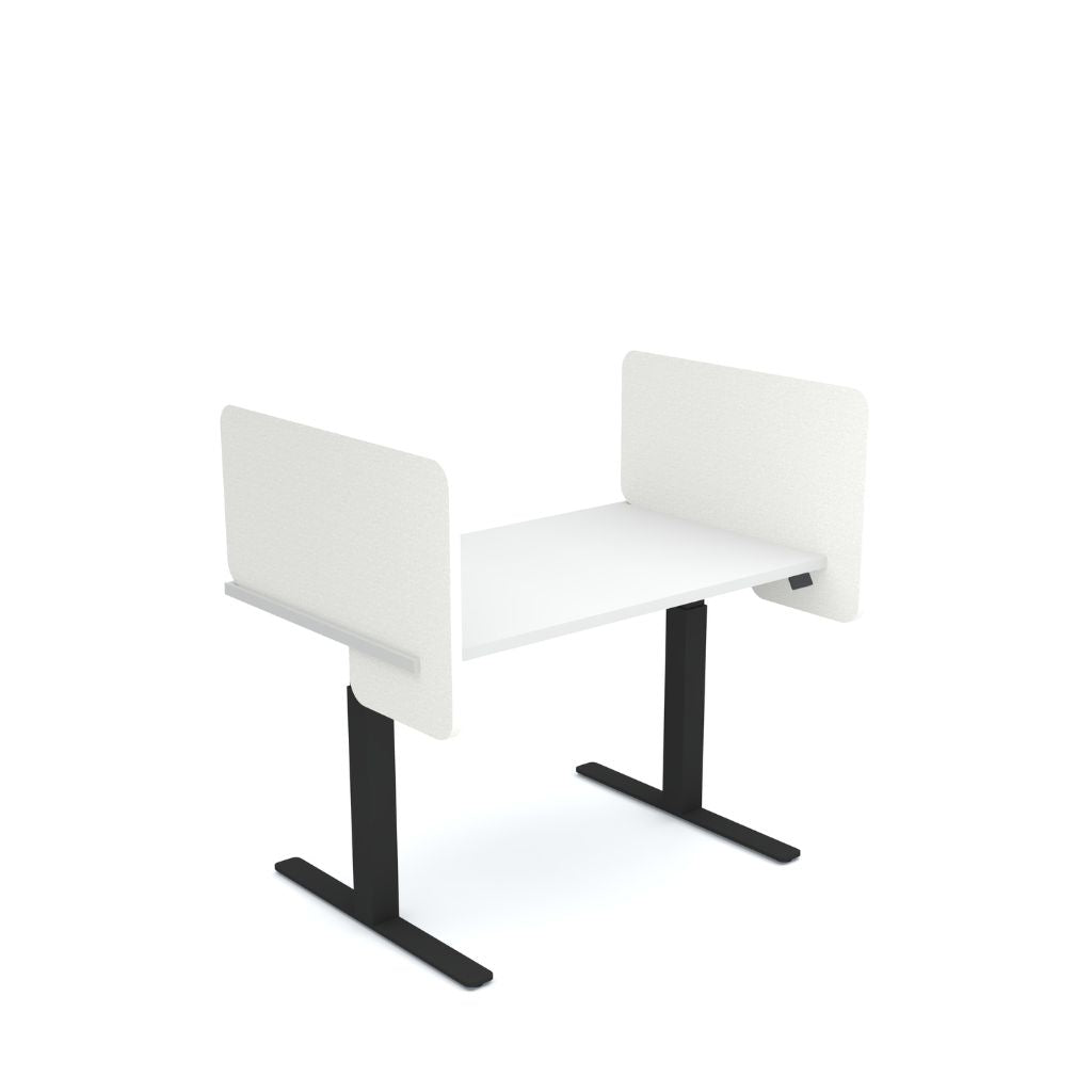 White office desk with black legs and a white screen