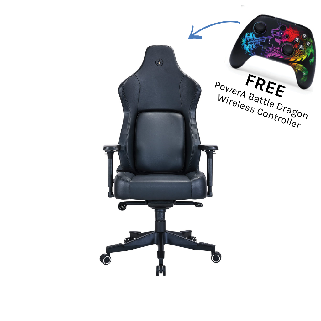 Black gaming chair with a free PowerA Battle Dragon wireless controller on a white background