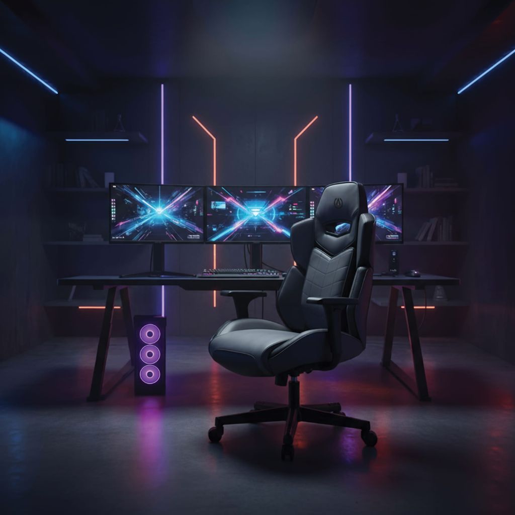 Gaming setup with multiple monitors, a chair, and neon lights in a dark room.