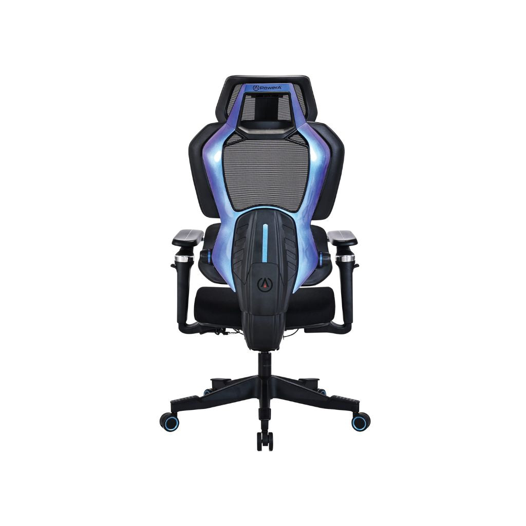 Gaming chair with black and blue design on a white background