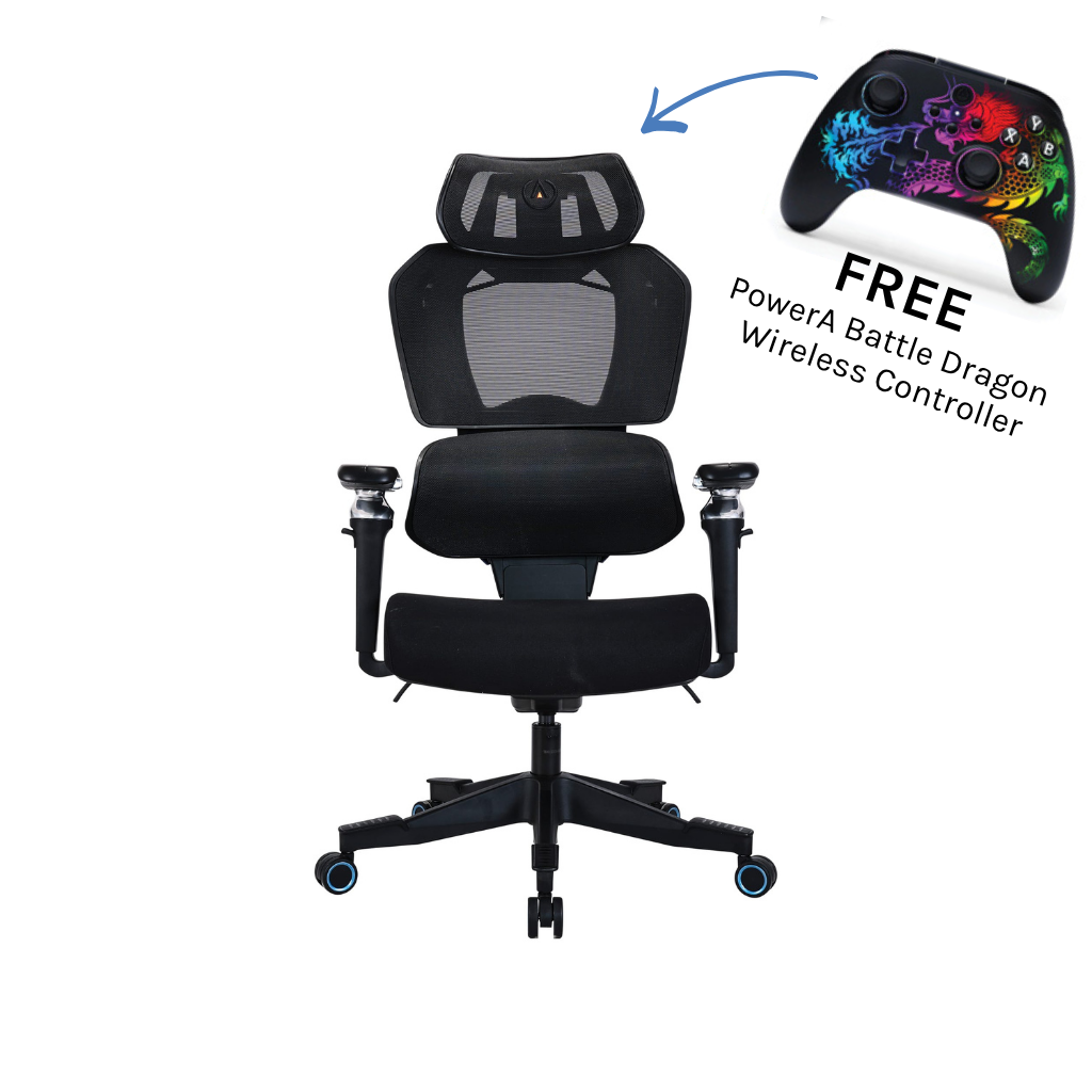 Black gaming chair with a free PowerA Battle Dragon wireless controller on a white background