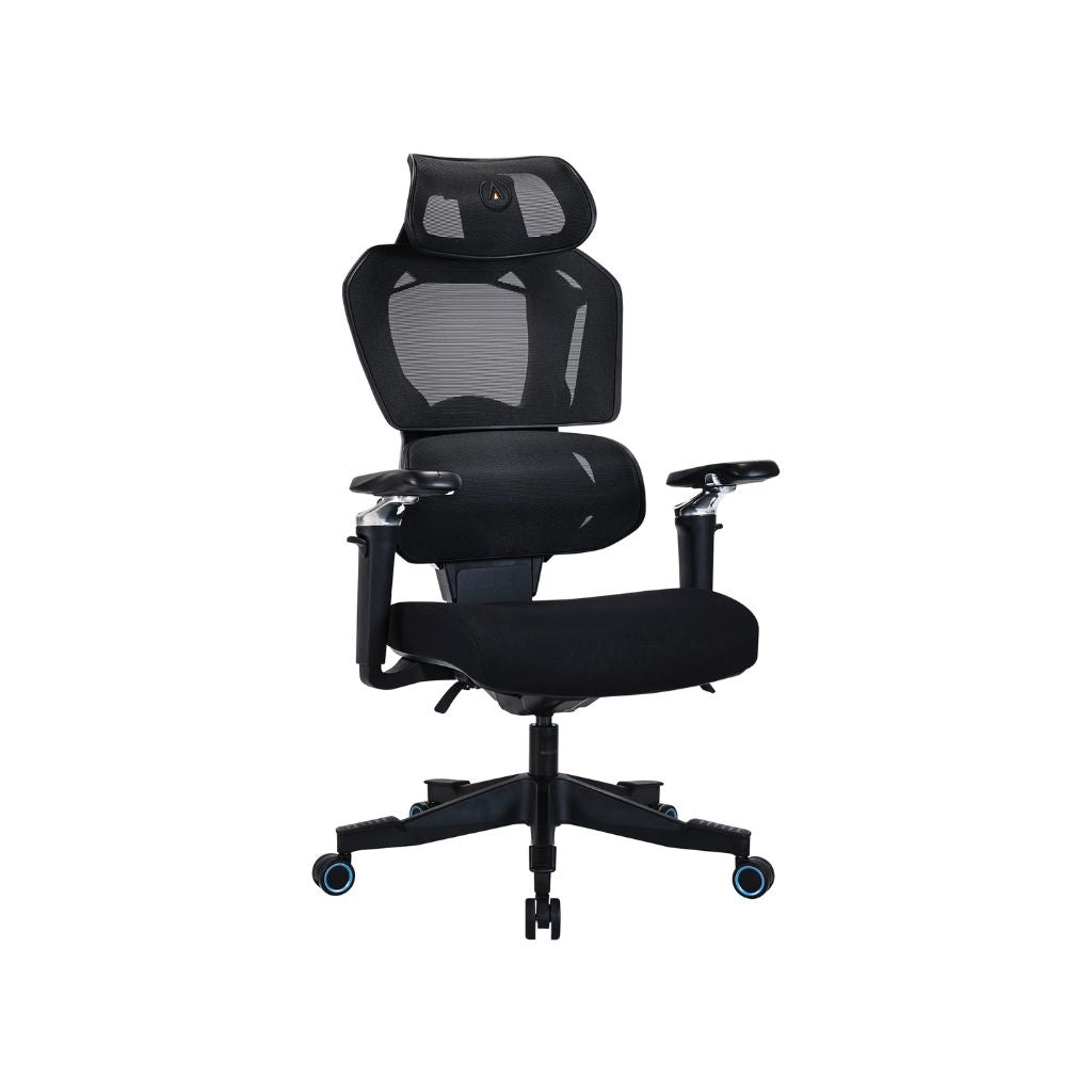 Black office chair with mesh backrest on a white background