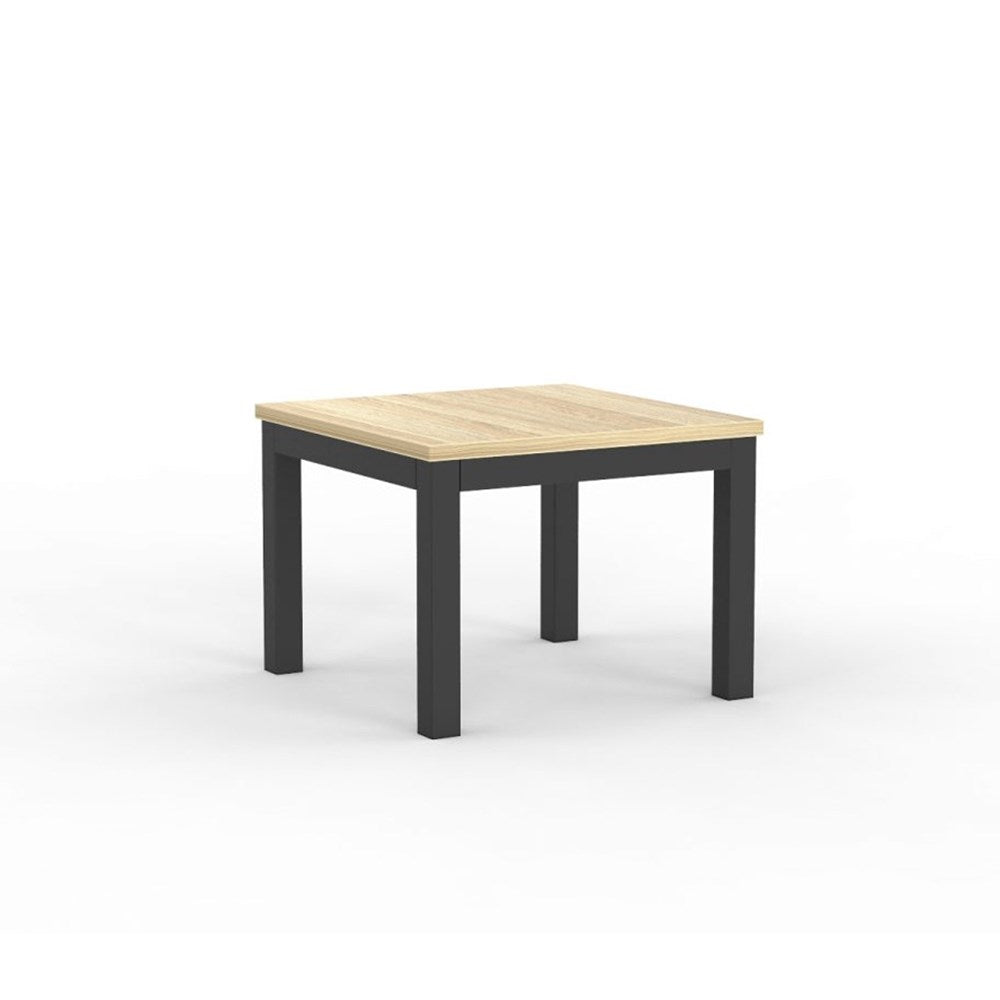 A square coffee table with a melamine top and white steel legs