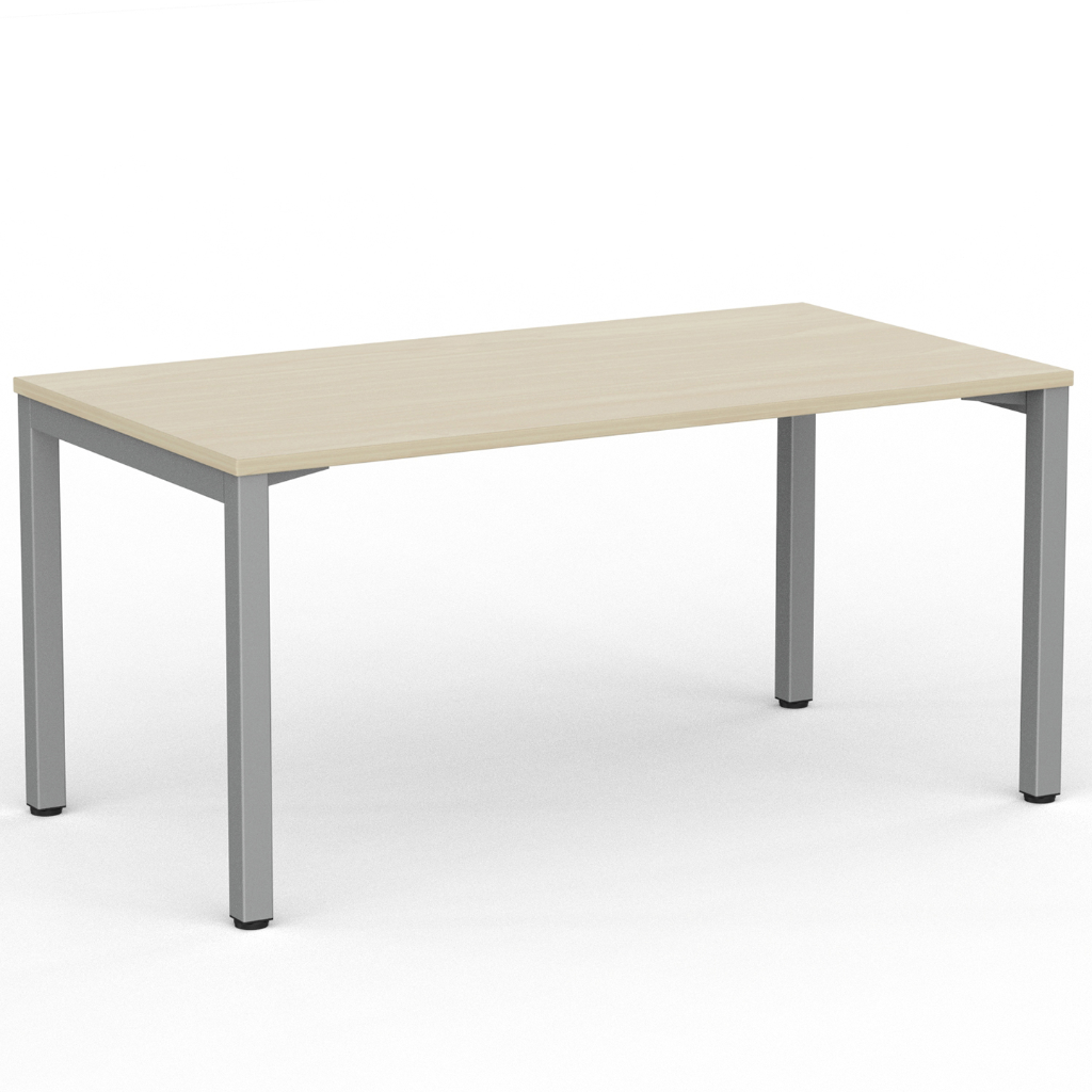 A rectangular office desk with a light beige wood-grain top and gray metal legs, shown on a clean white background.