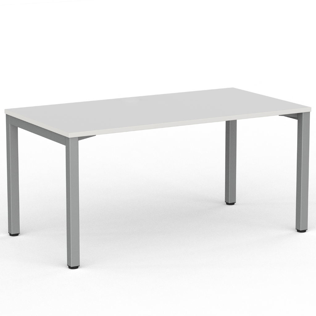 A modern rectangular desk with a light gray top and gray metal legs, shown on a clean white background.