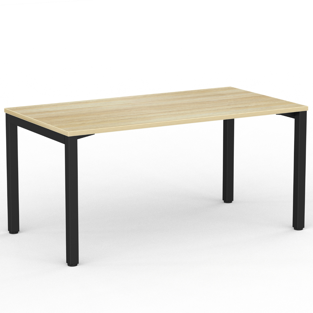 A rectangular desk with a light wood grain tabletop and black metal legs, shown on a clean white background.