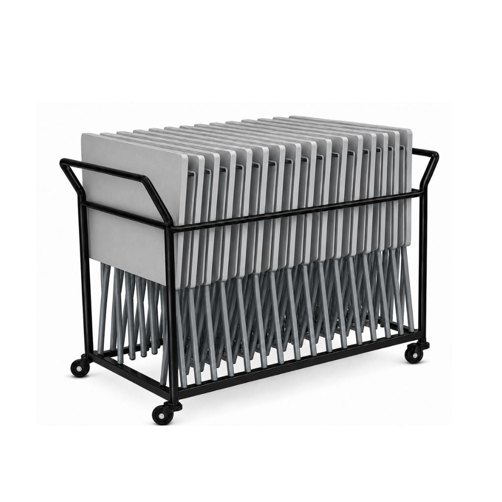 A black metal rolling table storage cart holding multiple light gray folding tables