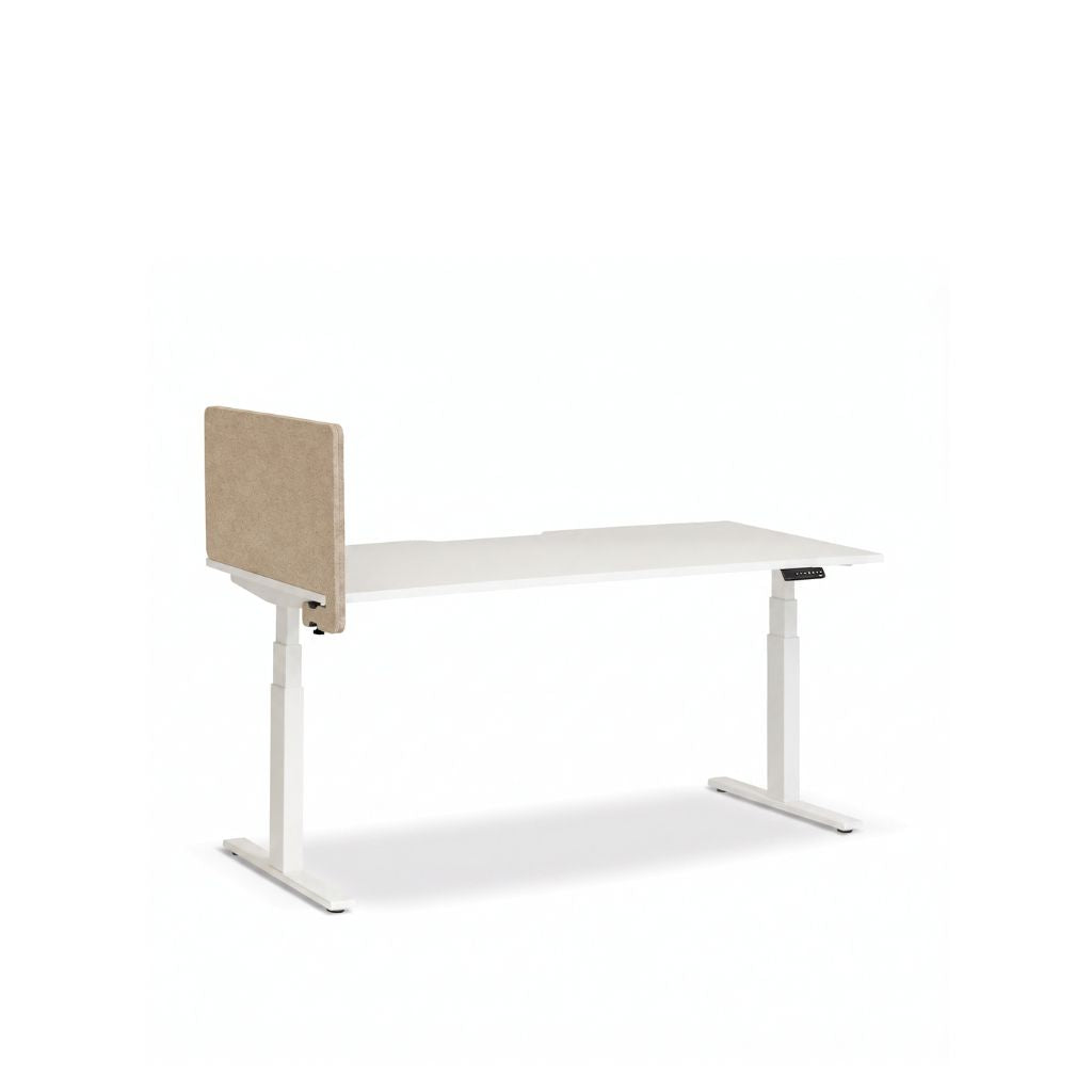 A modern white adjustable height standing desk with a light beige fabric panel on the left side, shown on a clean white background.