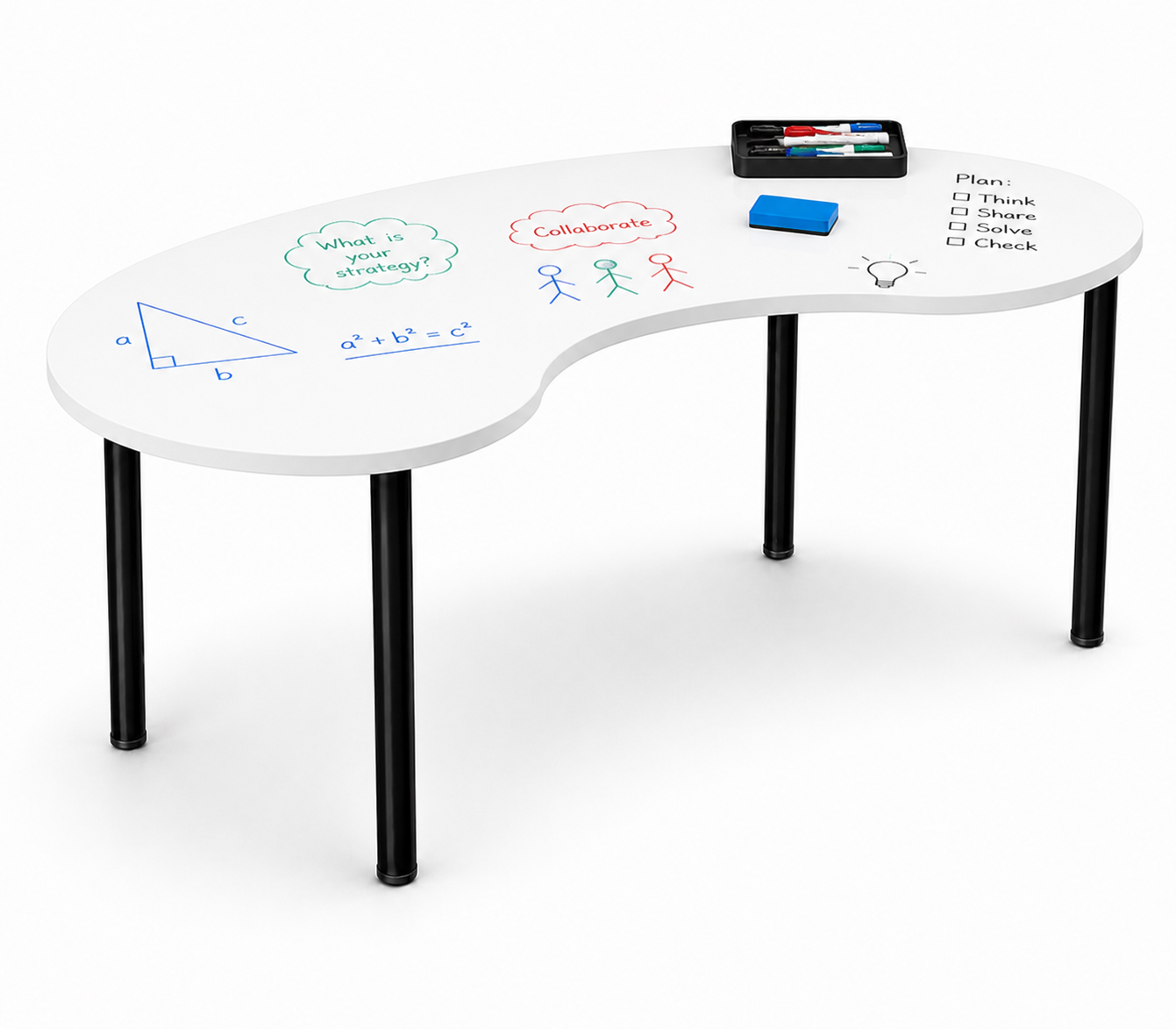White L-shaped table with black legs, featuring a whiteboard top
