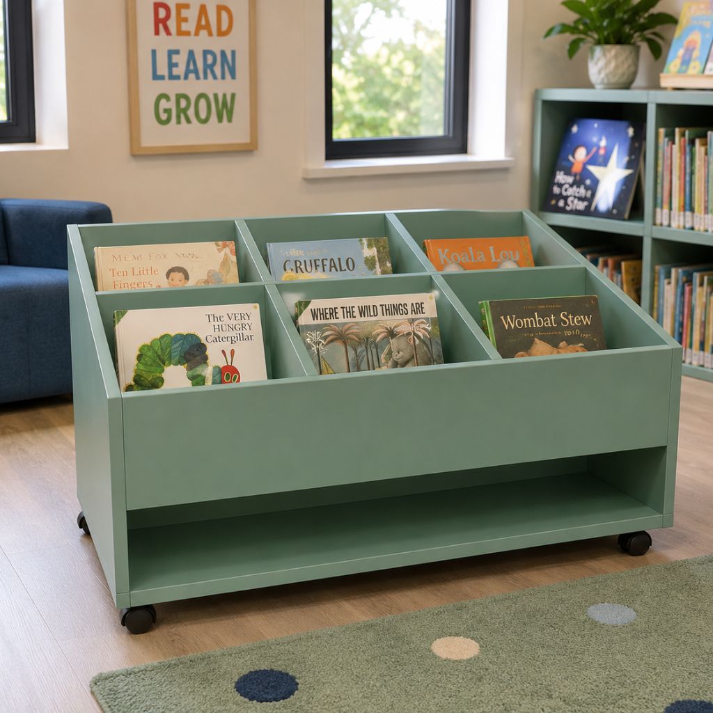 modern library with books in a browser bin