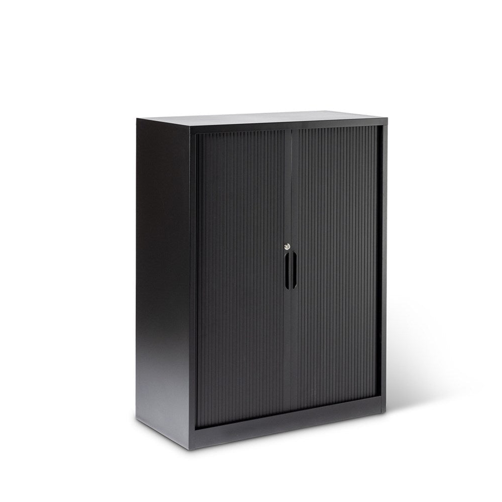 black metal storage unit