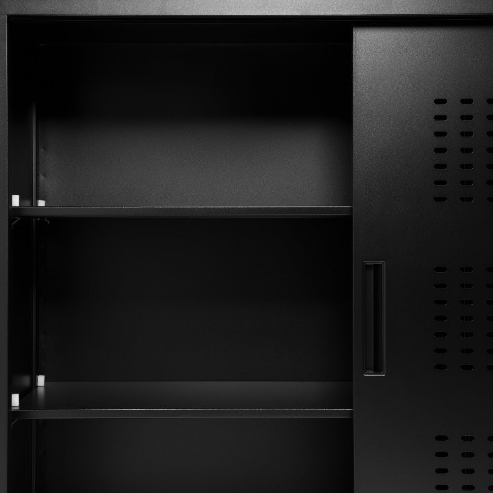 black metal sliding storage cabinet with shelves