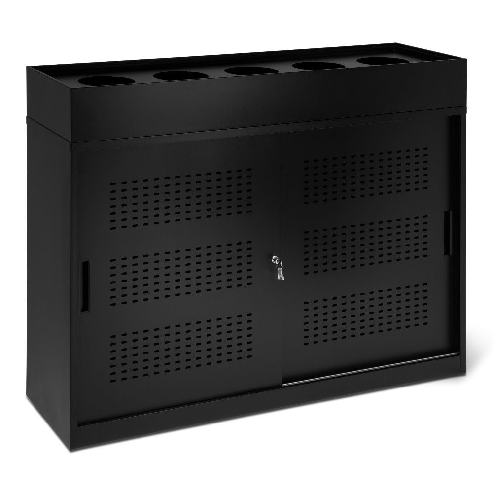 black metal storage sliding cabinet with plants