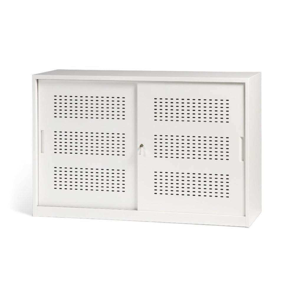 white metal storage cabinets with sliding doors