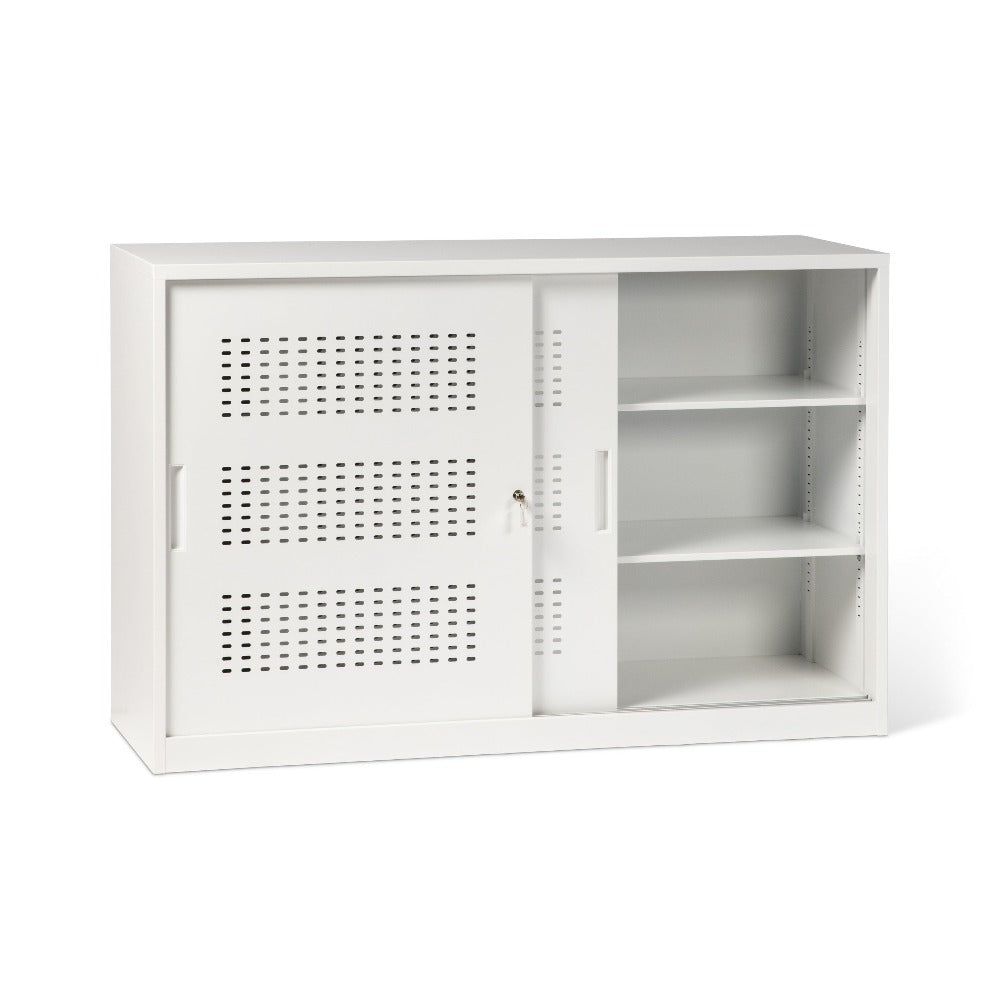 white metal storage cabinets with sliding doors