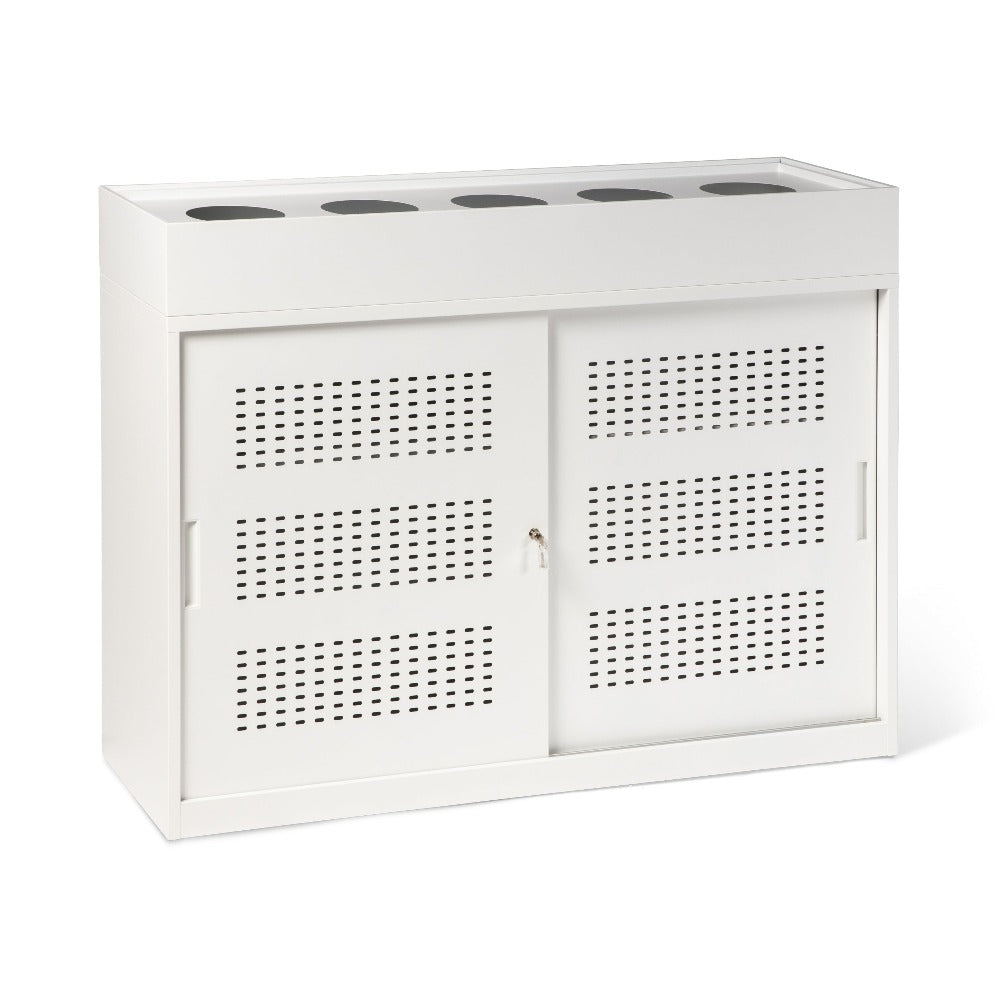 white metal storage cabinets with sliding doors and plants