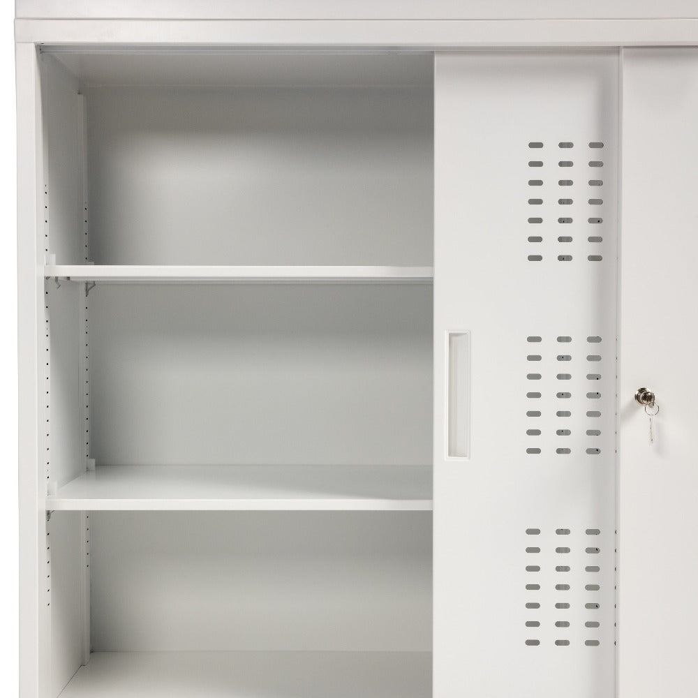 white storage slider cabinet shelves