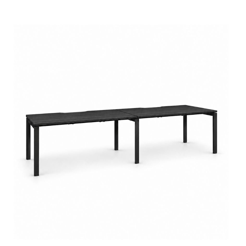 A modern black outdoor dining table with a rectangular slatted top and four slim legs, shown on a clean white background.