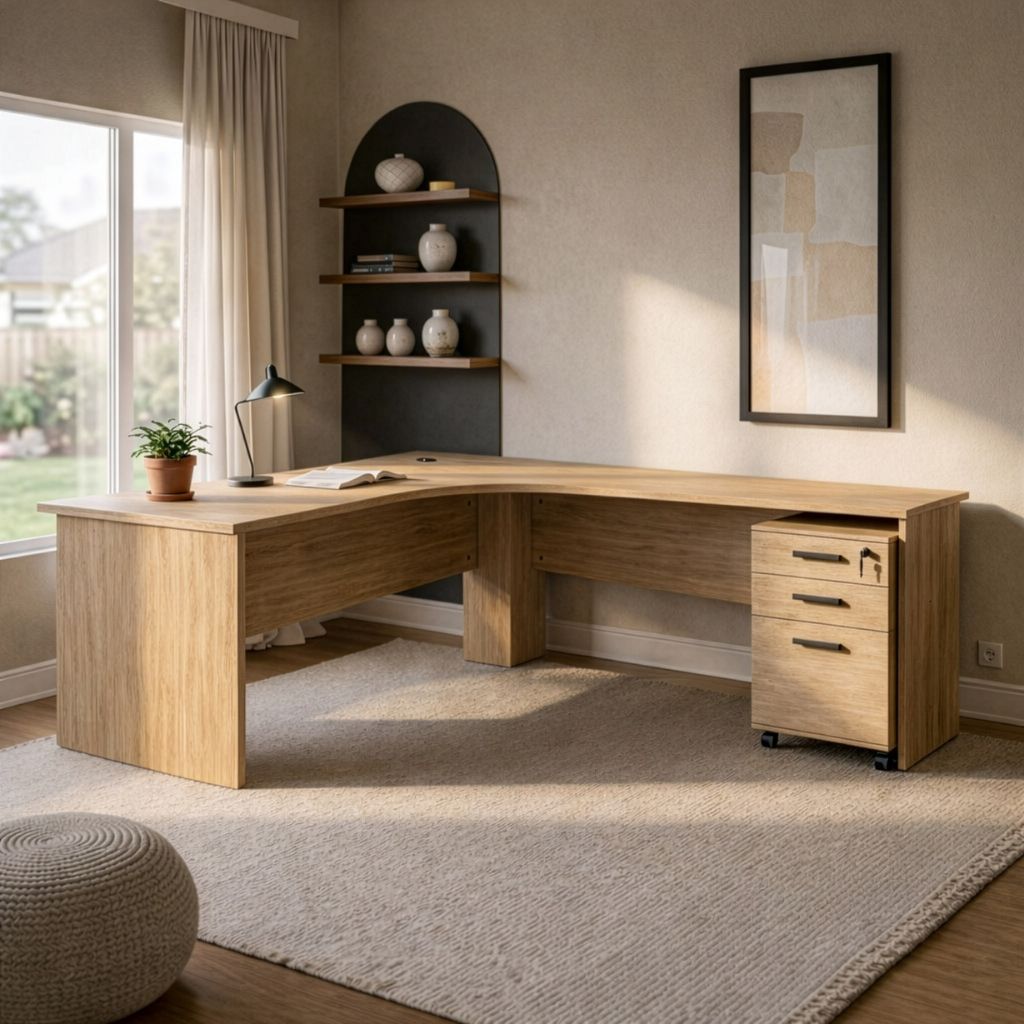 Wooden L-shaped desk in a home office setting with shelves and a mirror.