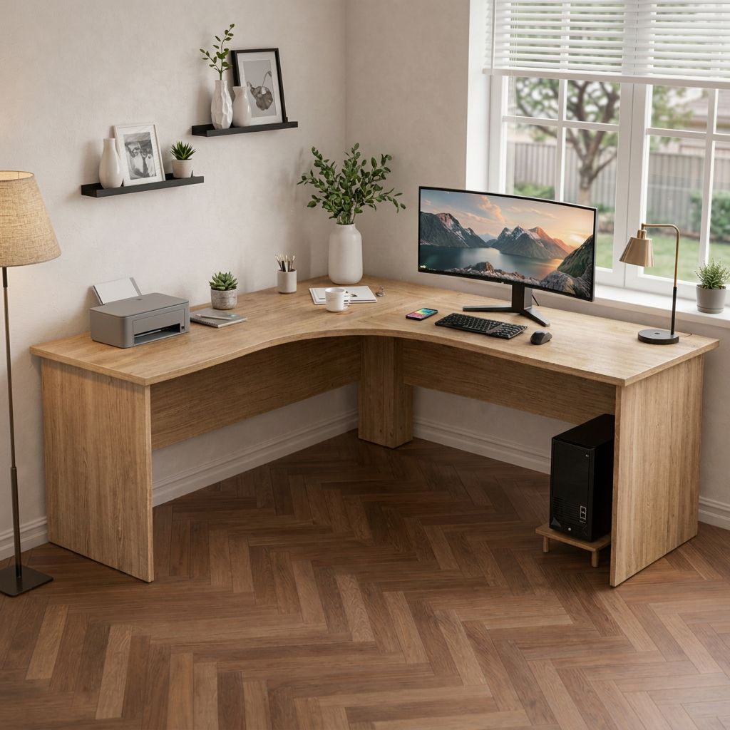 Wooden L-shaped desk with office equipment in a room with a window.