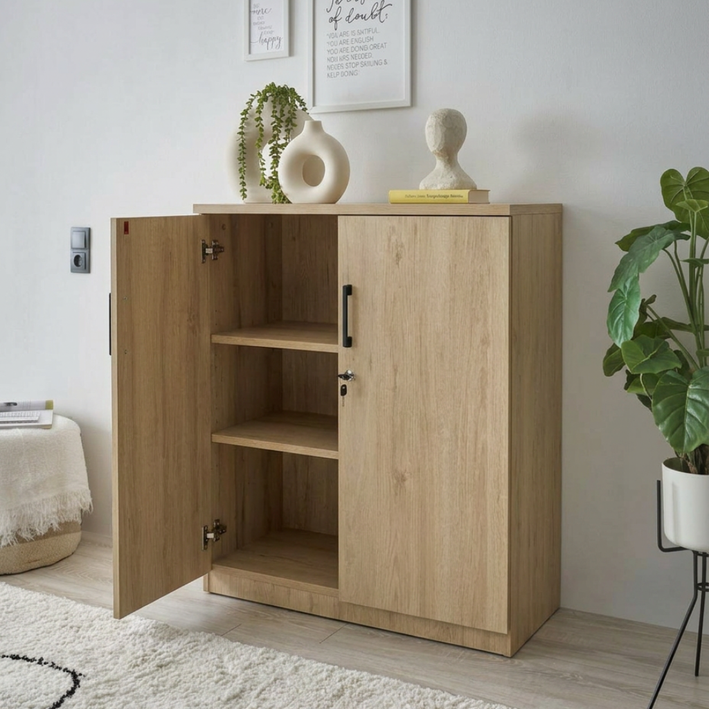 A light oak wood storage cabinet with two doors, one open to show three shelves, styled in a bright room with a white rug, potted plant, and framed wall art.