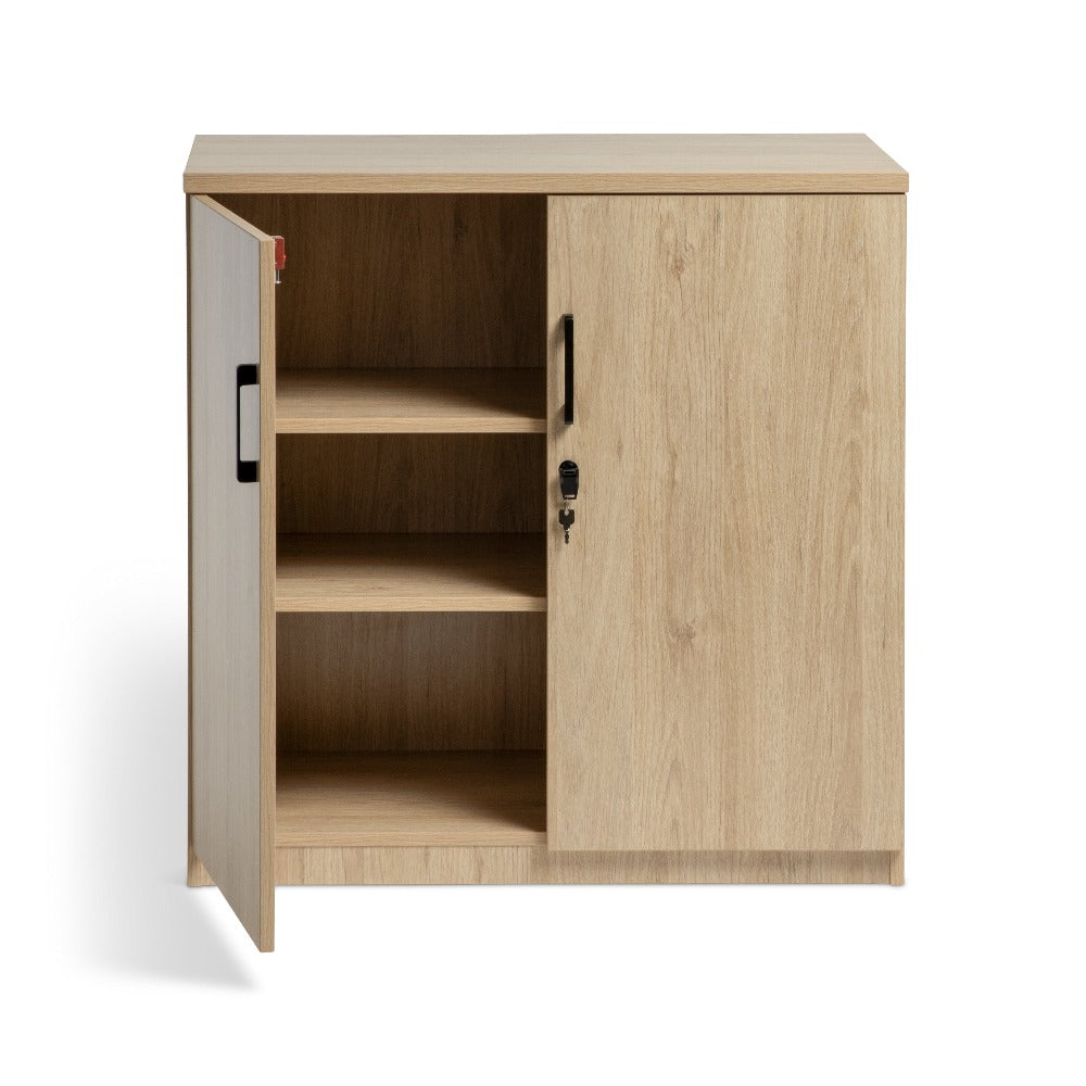 lockable storage cupboard 900 oak with black handles