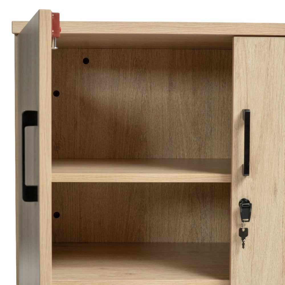 shelves inside oak storage cupboard