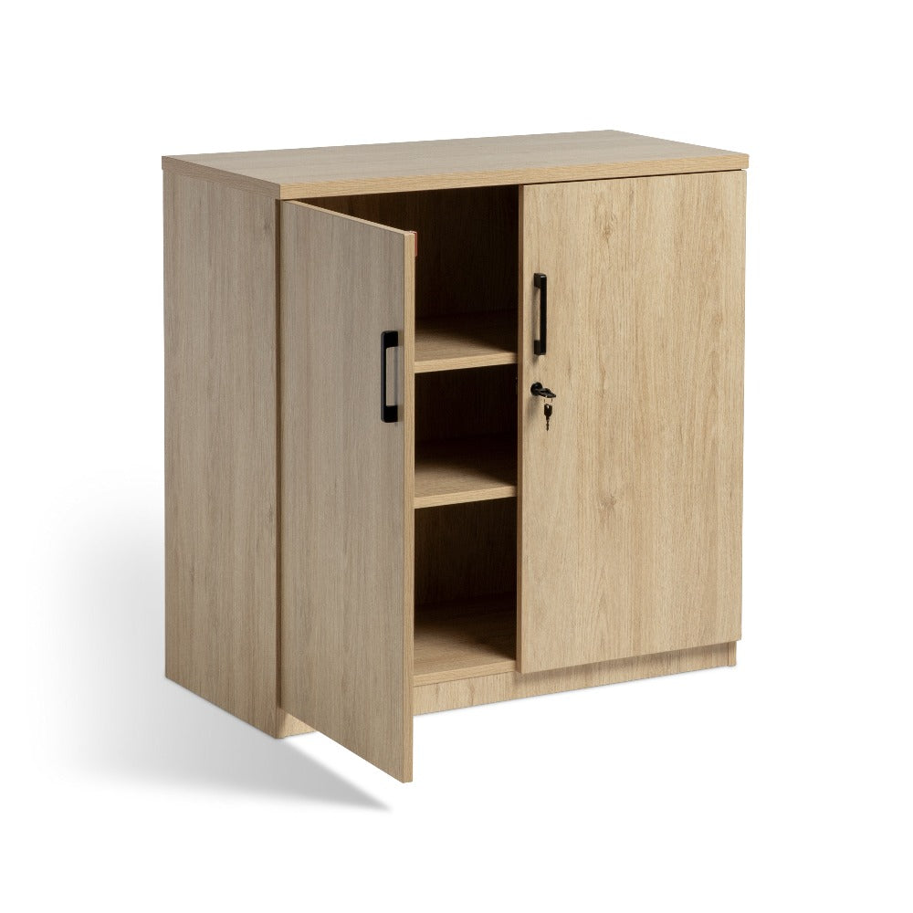storage cupboard 900 oak with black handles and shelves