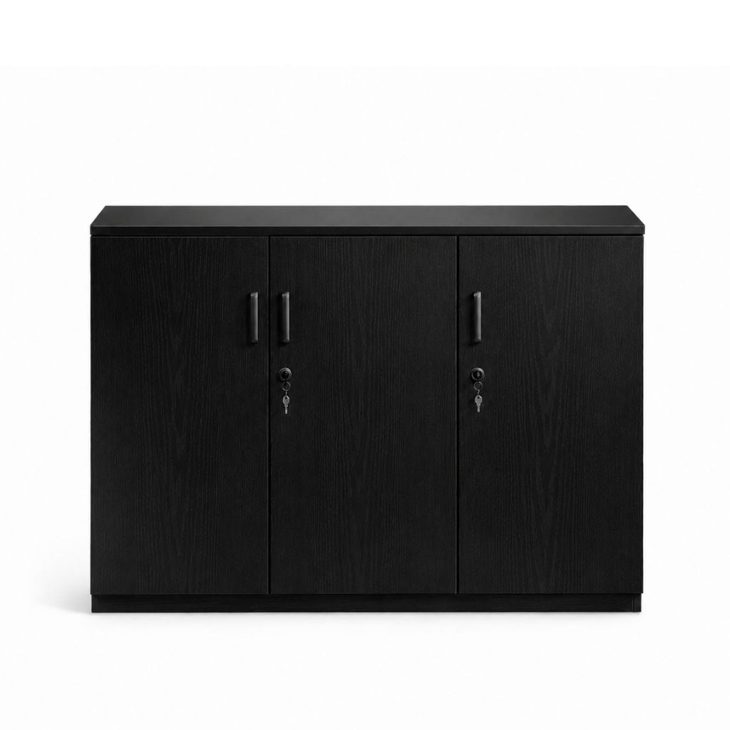Black cabinet with three doors on a white background