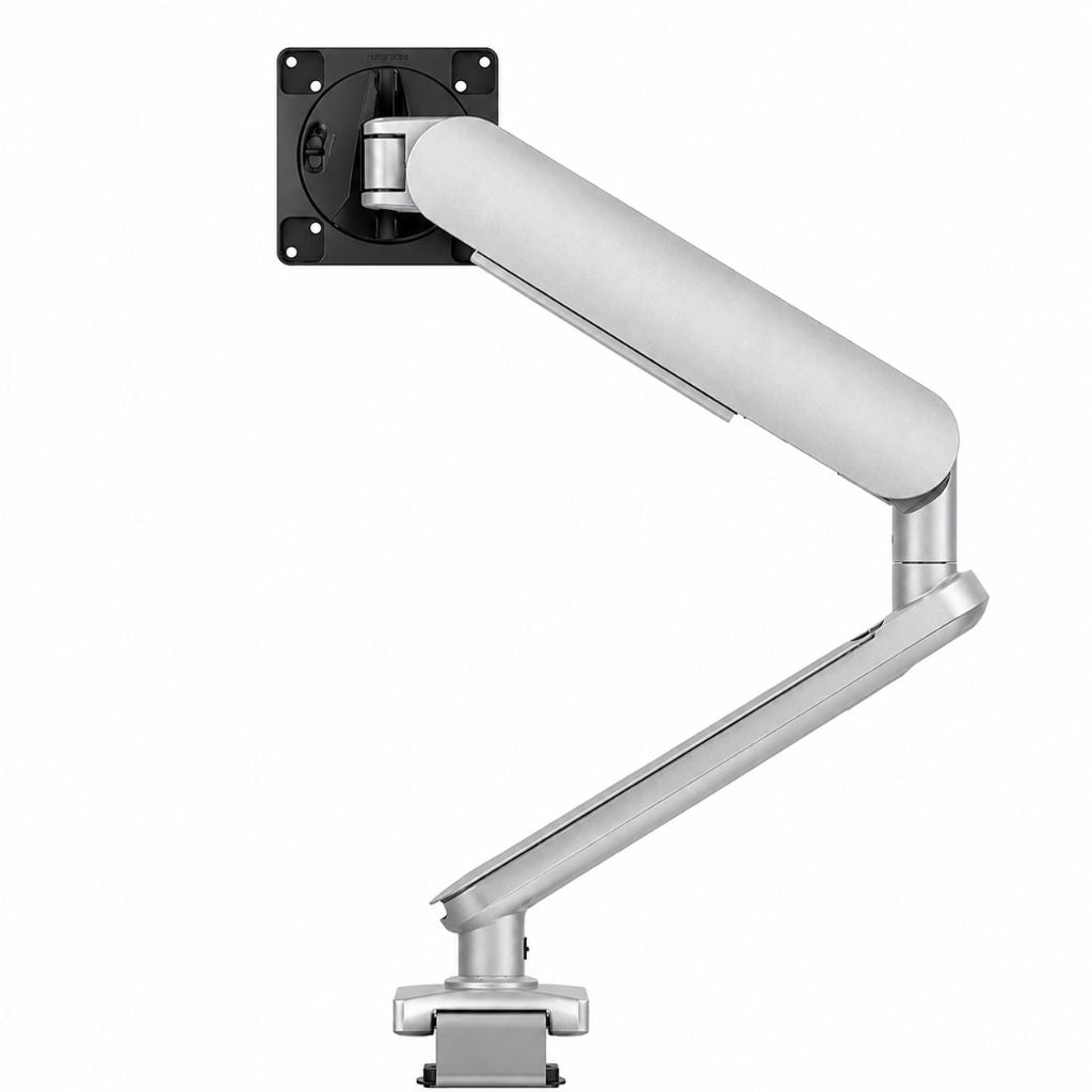 White adjustable monitor arm on a white background
